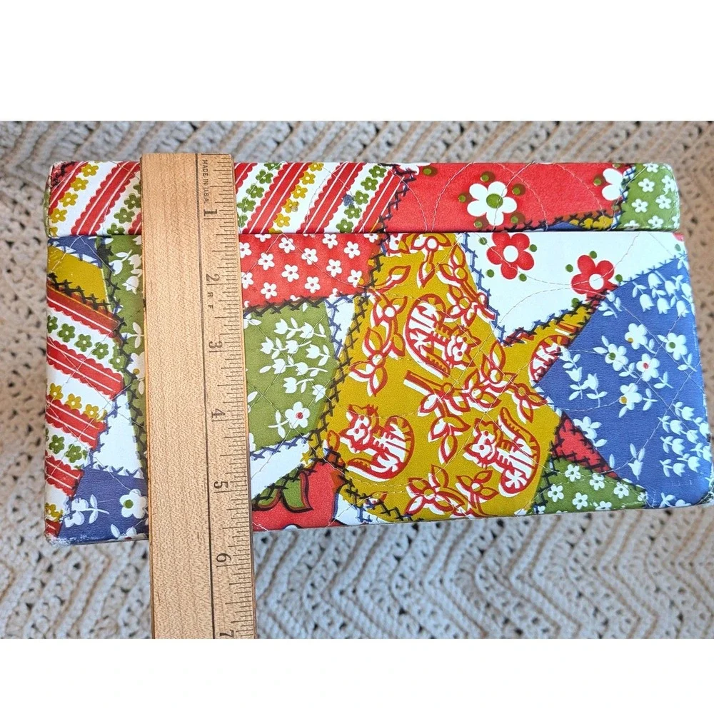 Vintage Quilted Patchwork Sewing Basket Floral Print Storage Box Green Handle
